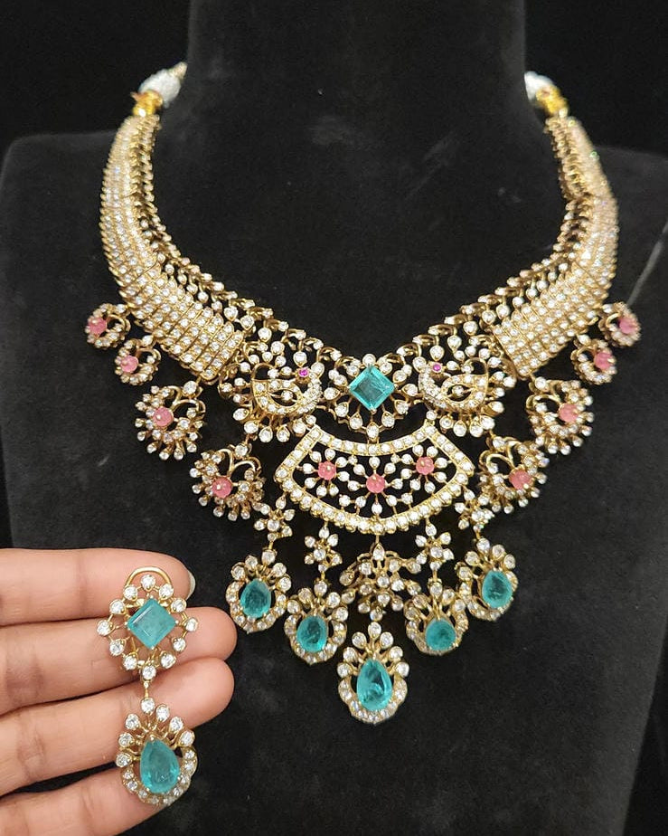 Regal Victorian Moissanite 92.5 Silver Tussi Necklace Set