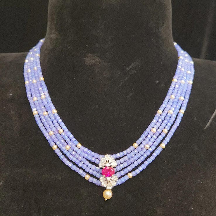 Dazzling Tanzanite Beads Mala 92.5 Silver Floral Ruby Pendant