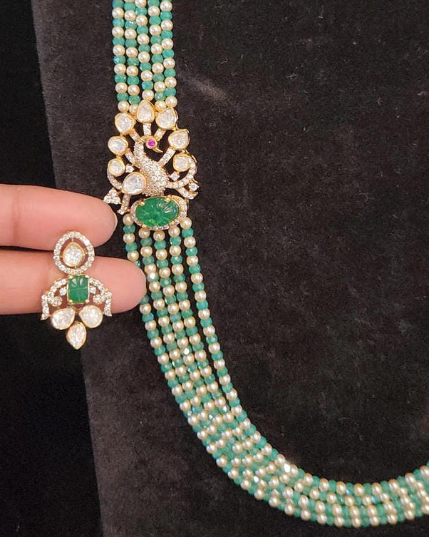 Royal Swarovski Pearl, CZ Haram Set with 92.5 Silver Peacock Brooch