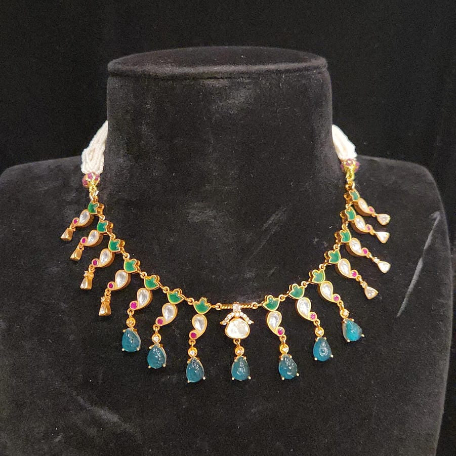 Stunning Kundan Moissanite 92.5 Silver Necklace Set