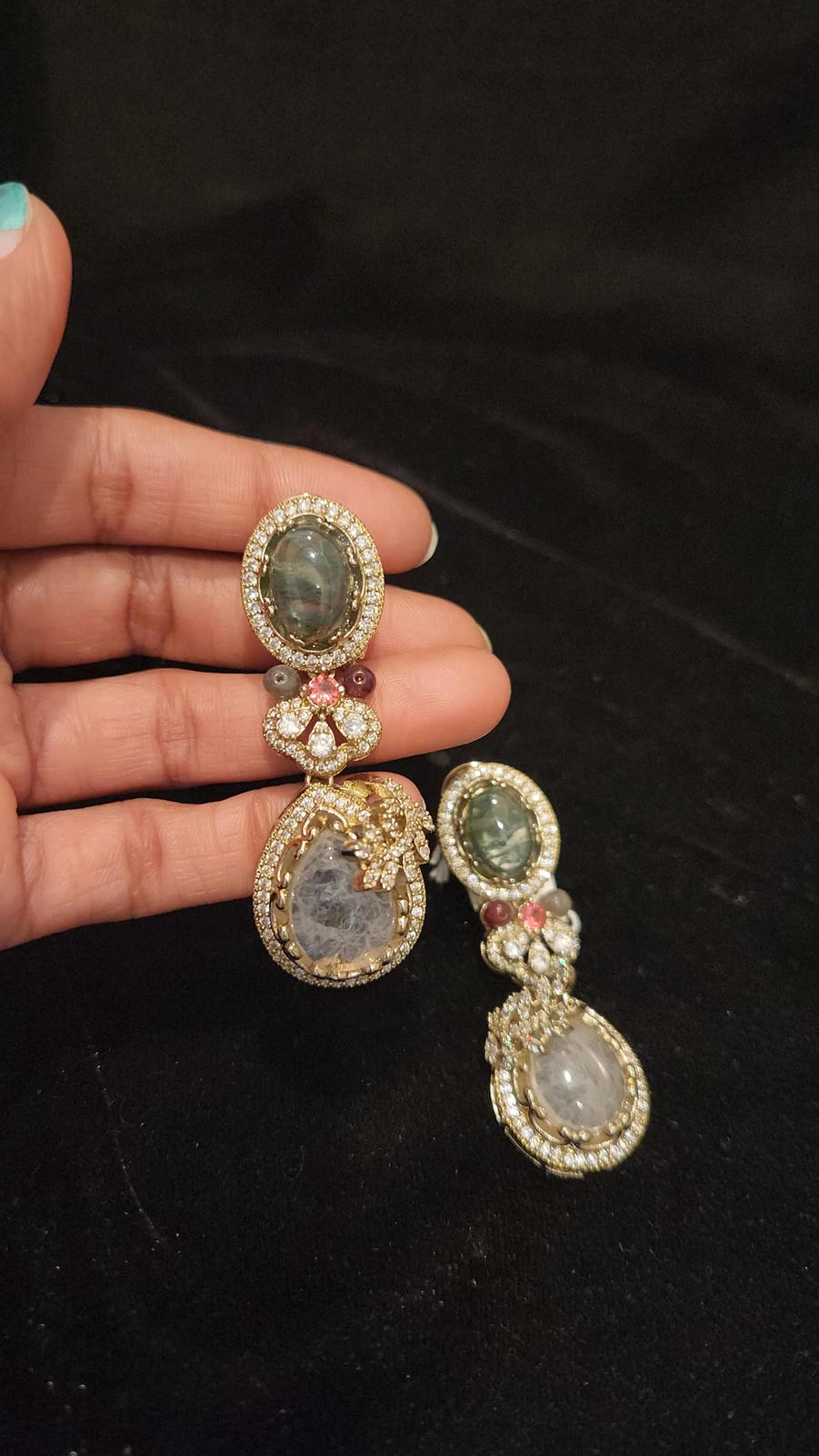 Large Emerald & White Gemstone Earrings