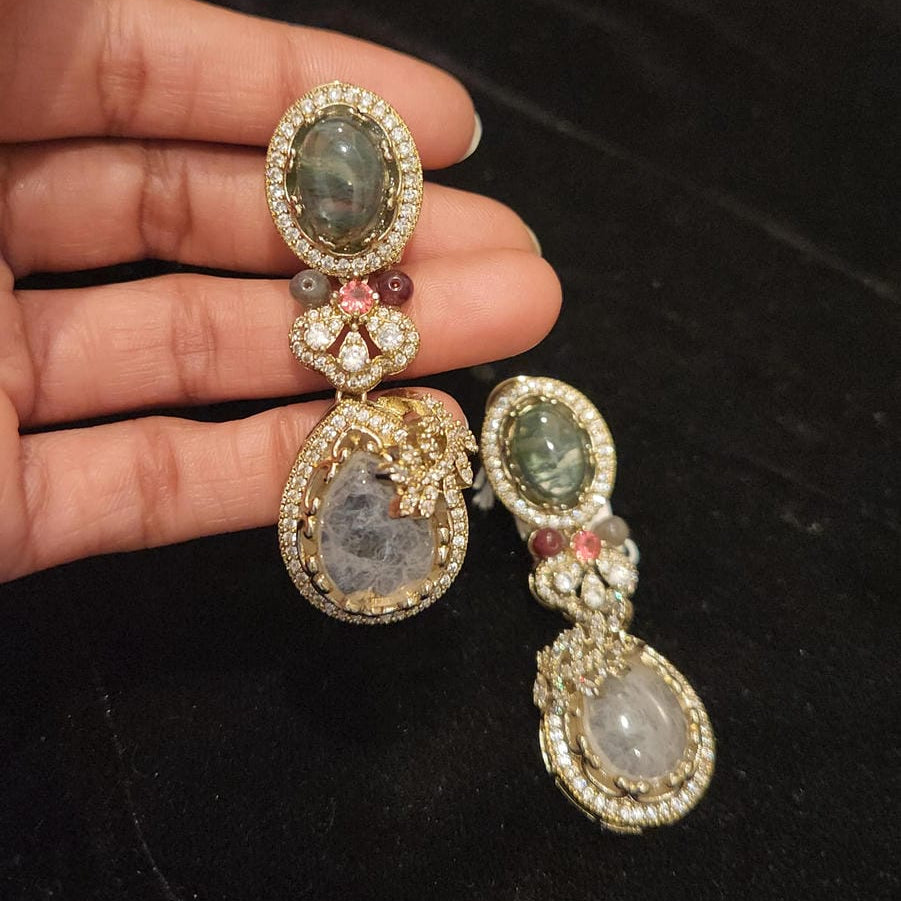 Large Emerald & White Gemstone Earrings