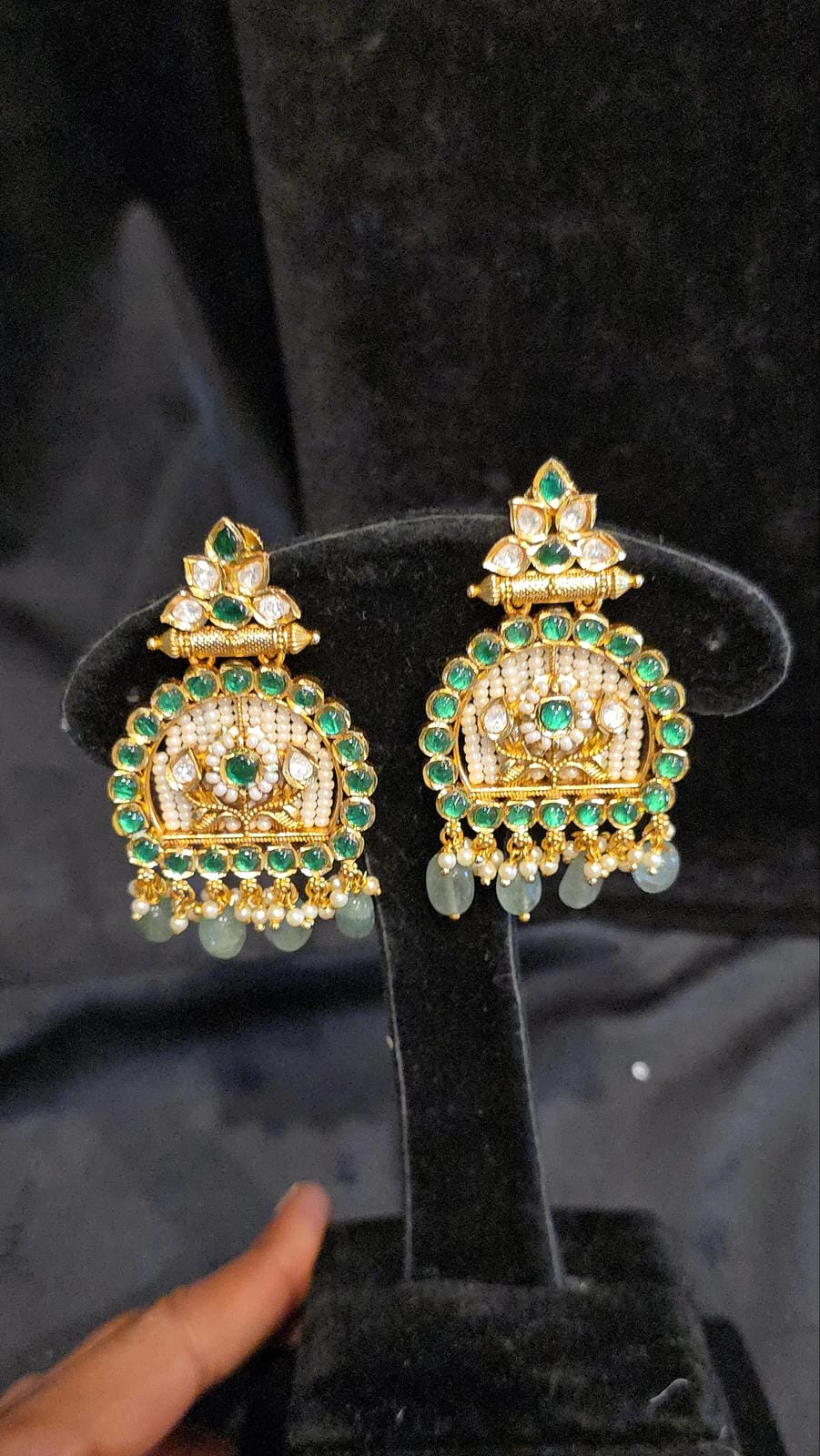 Green & White Kundan Earrings