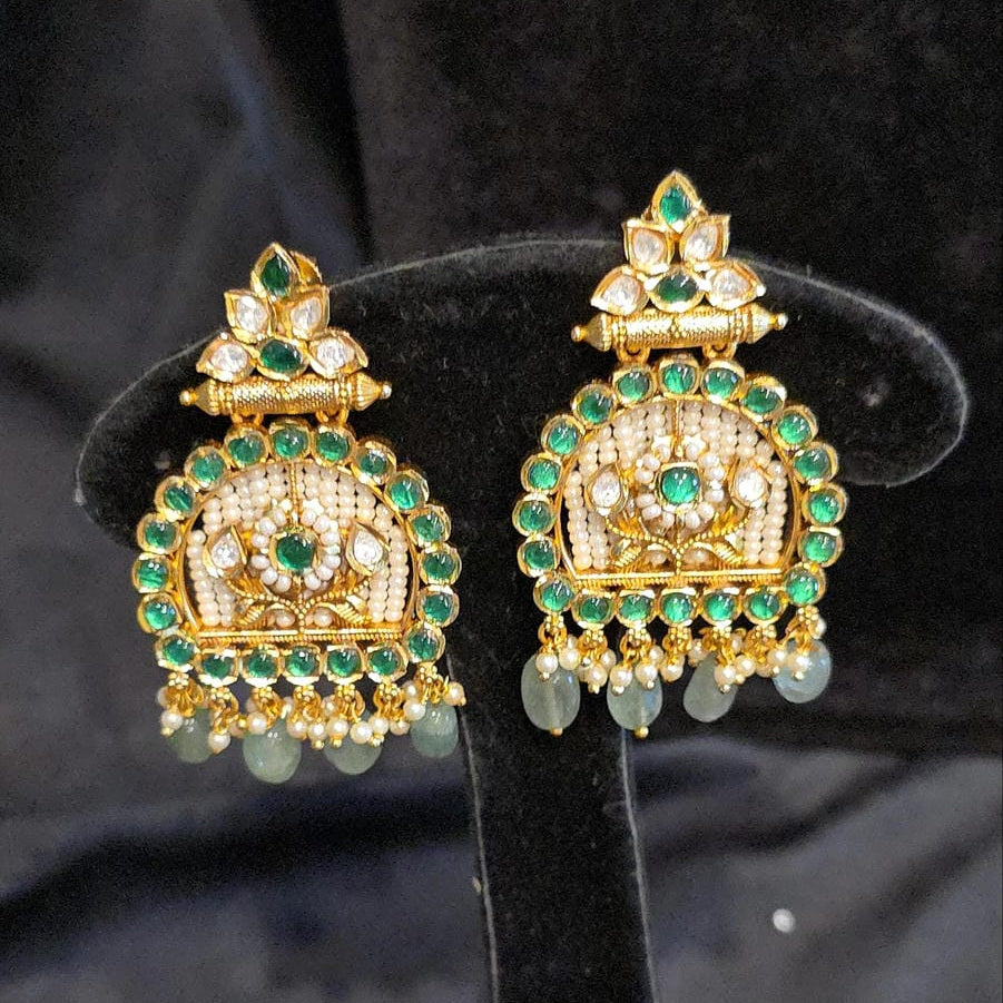 Green & White Kundan Earrings