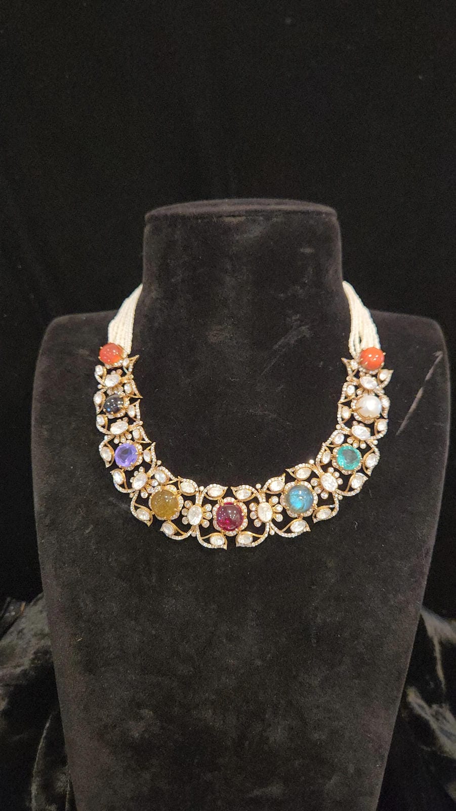 Brilliant Navratan 92.5 Silver Necklace Set