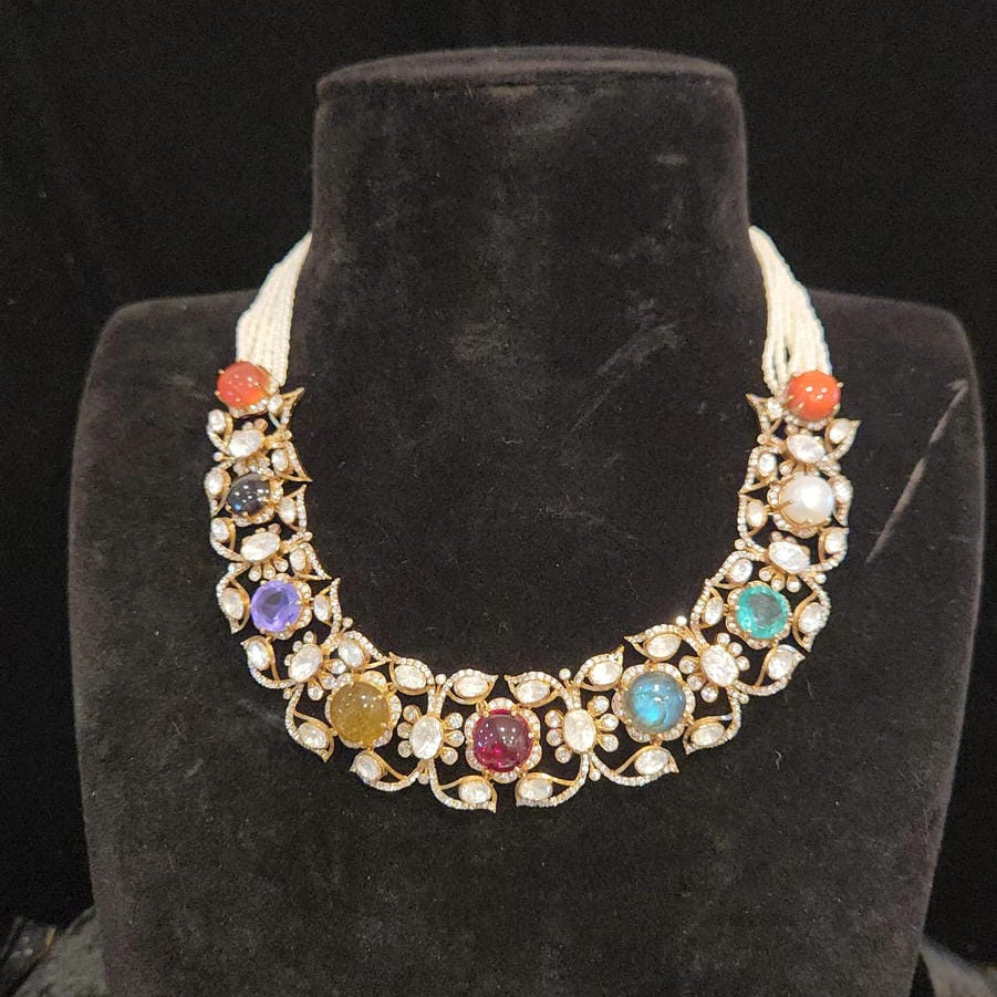 Brilliant Navratan 92.5 Silver Necklace Set