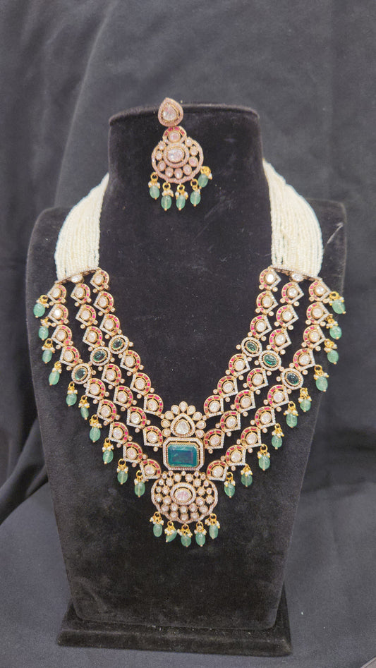 3-Layered Kundan & Moissanite Necklace Set