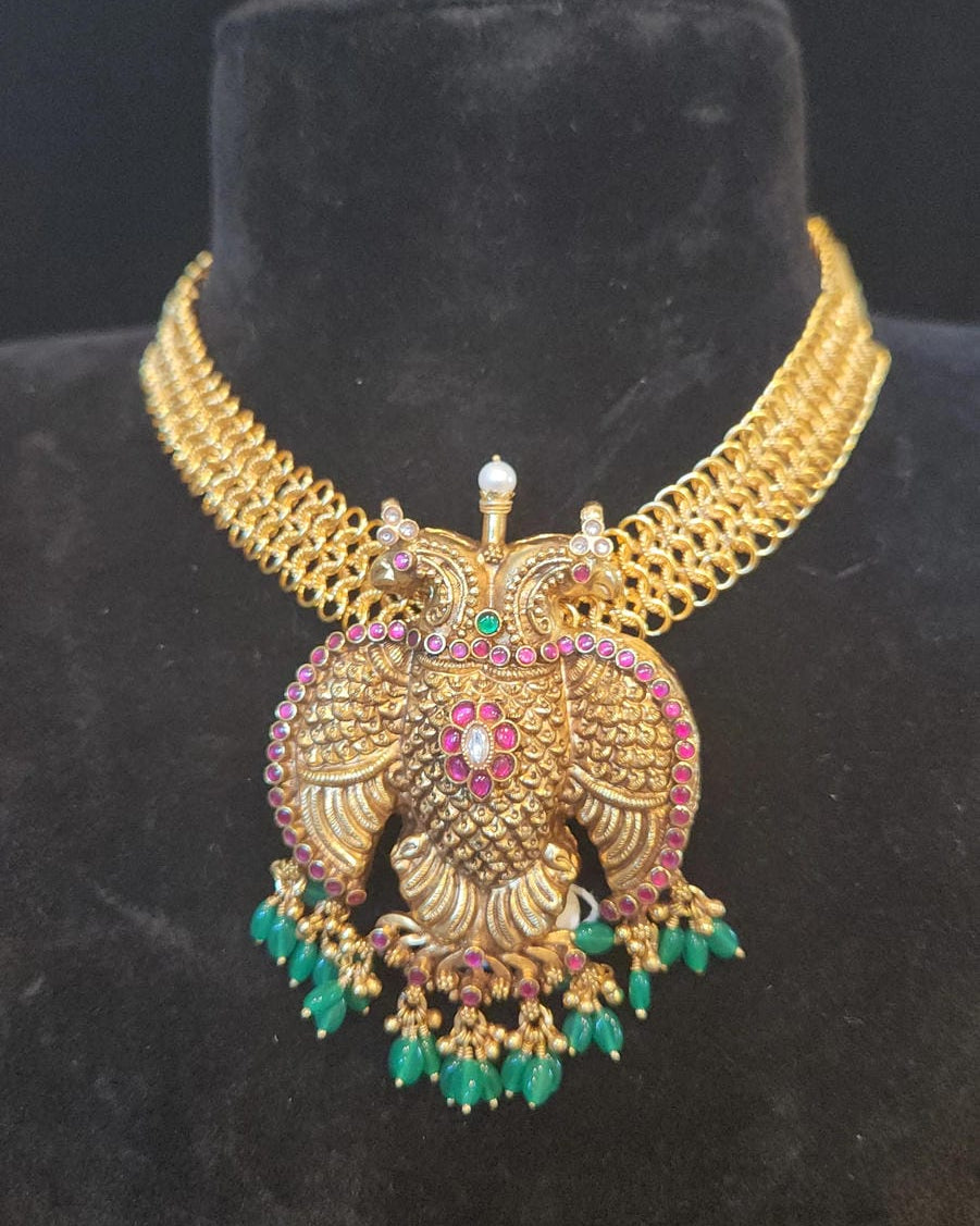 92.5 Silver Antique Finish Garuda Pendant Mesh Chain Set