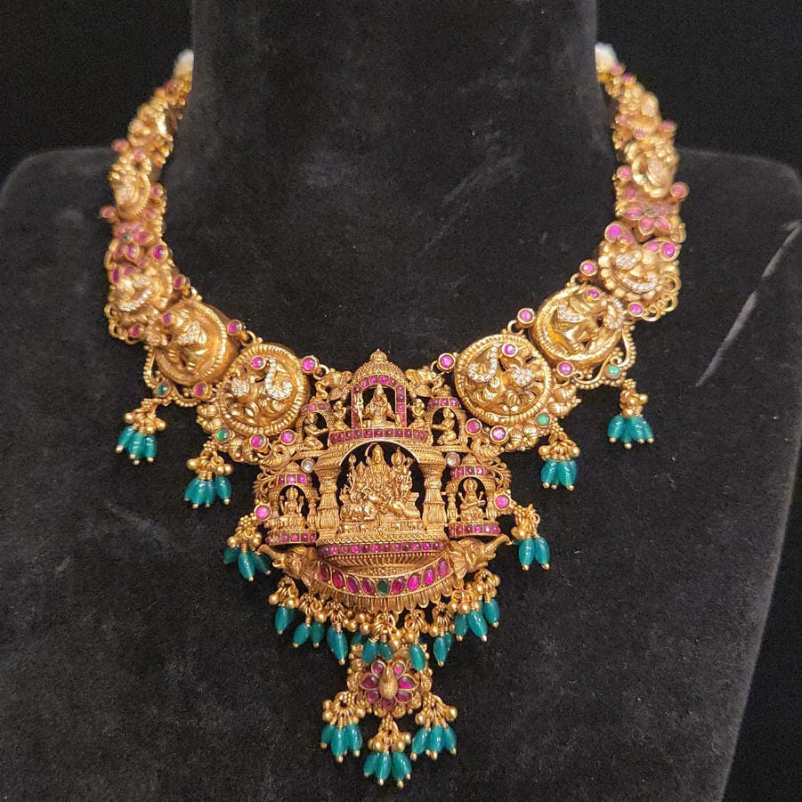 92.5 Silver Nakshi Finish Necklace Set, Handcrafted Temple Jewelry