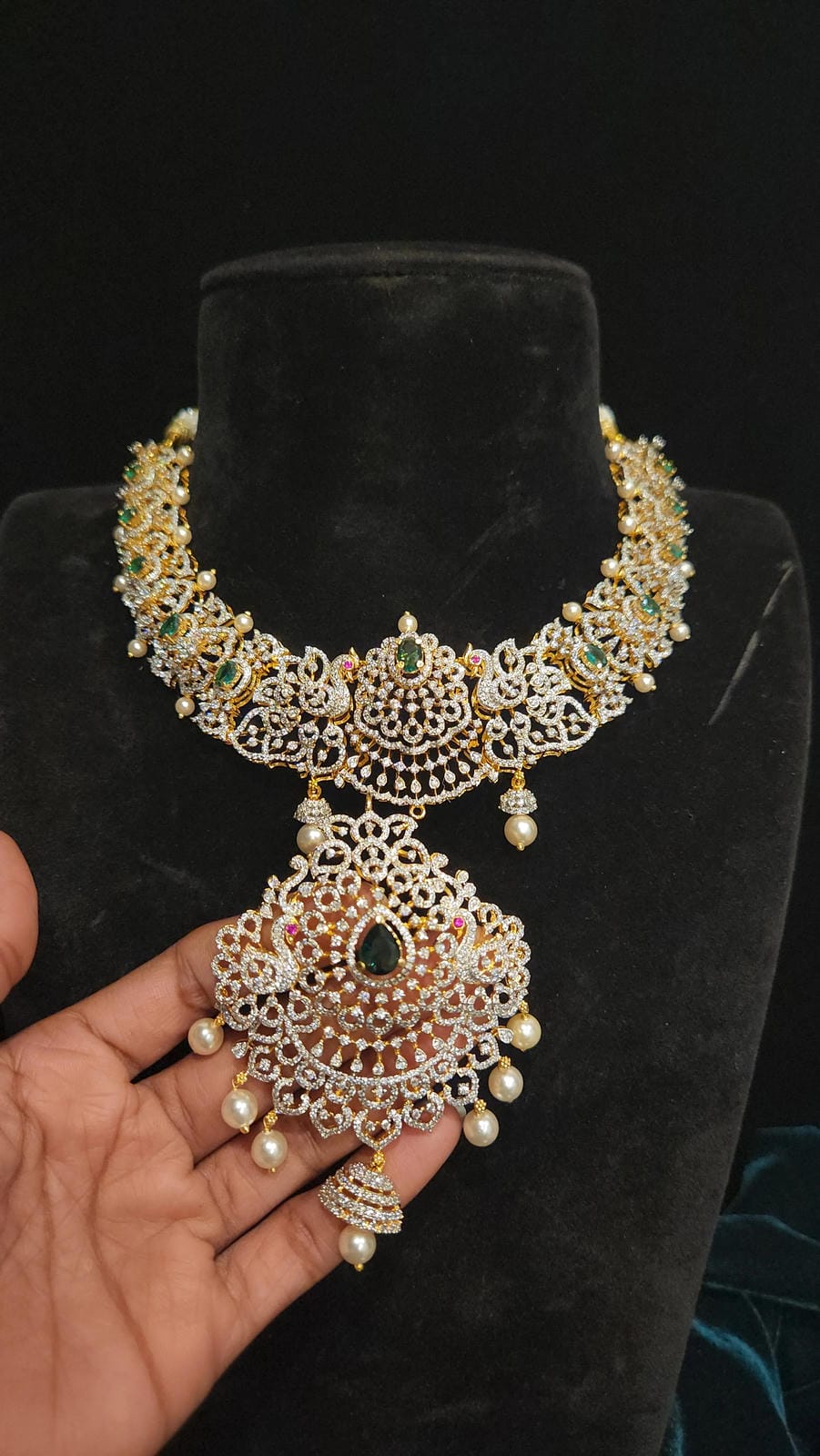 92.5 Silver Diamond Finish Peacock & Emeralds Necklace Set