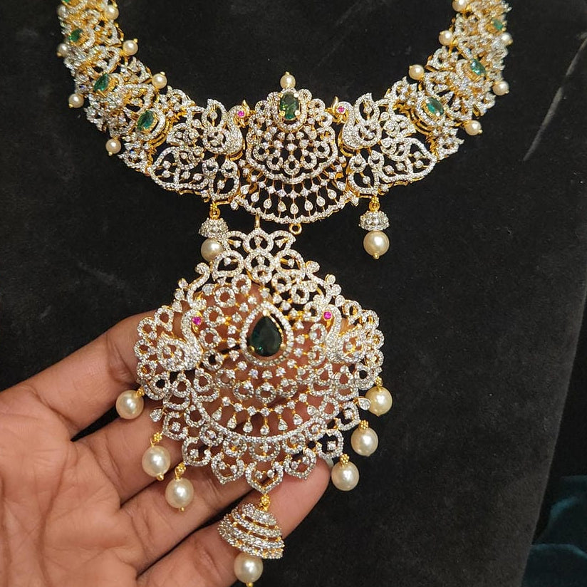 92.5 Silver Diamond Finish Peacock & Emeralds Necklace Set