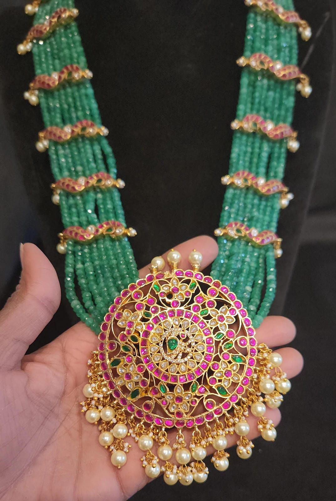 8-Layered Green CZ Bead Haram Set with Pachi Kundan Pendent