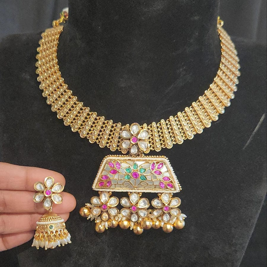 Antique Kundan Mesh Chain Necklace Set