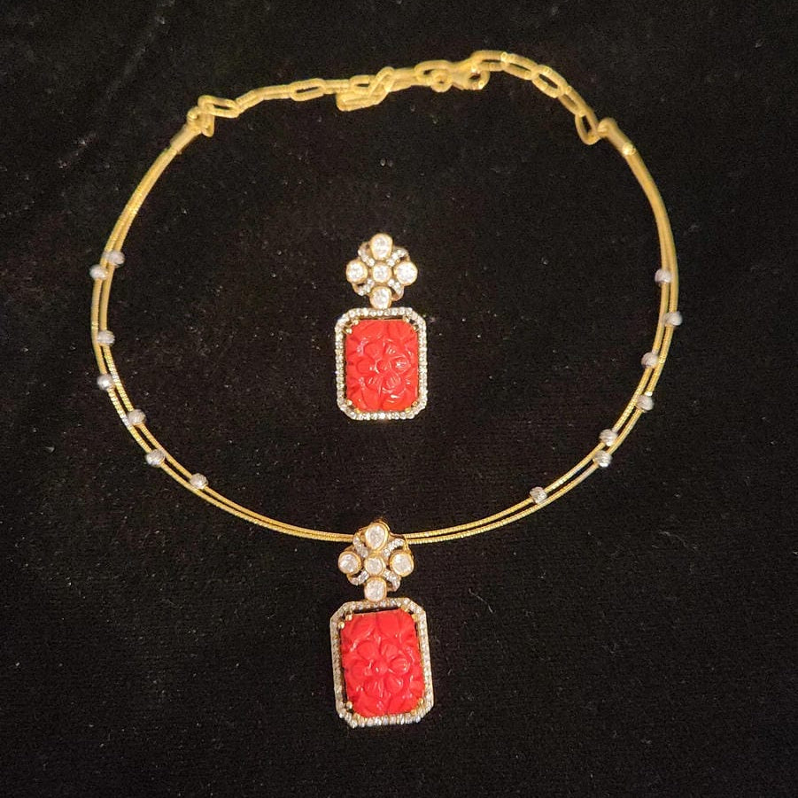 92.5 Silver Rectangle Coral Pendant Set