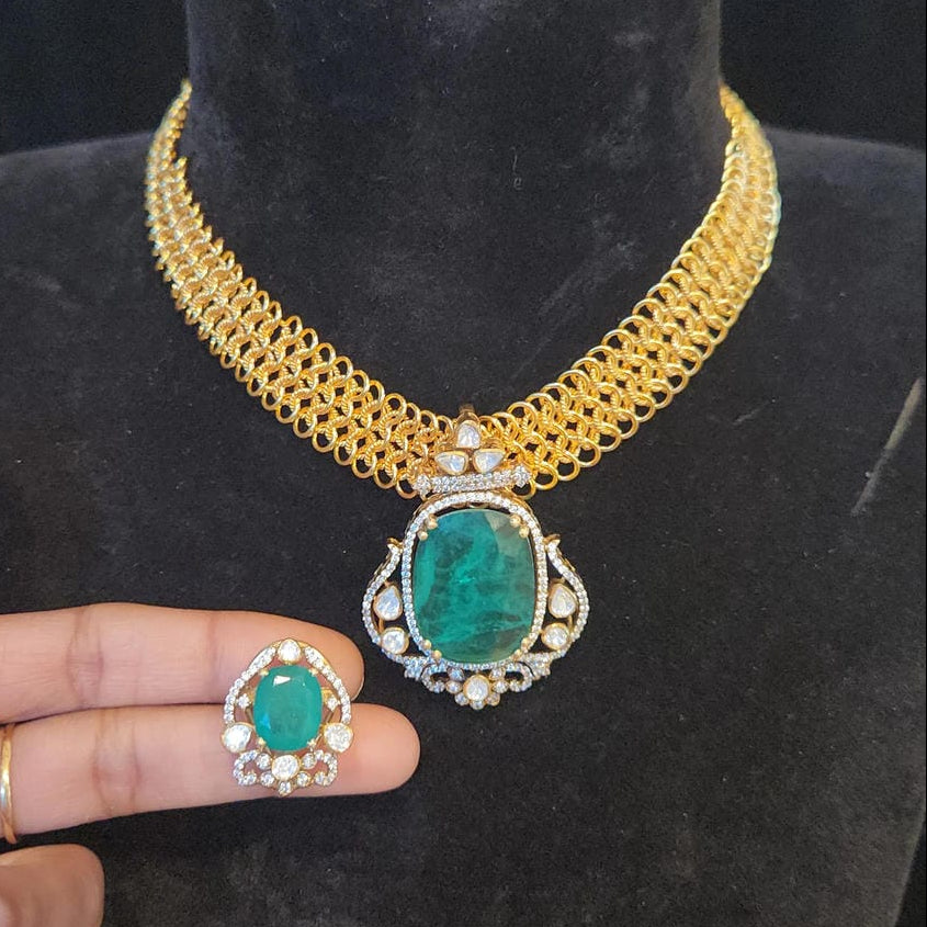 Gold Mesh Necklace with 92.5 Silver Detachable Emerald Pendant