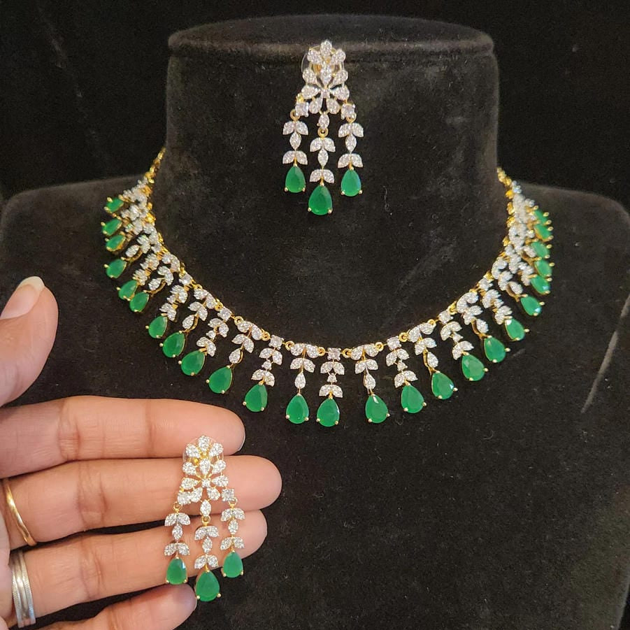 Luxury Diamond Finish Tear Drop Necklace Set in Purple and Emerald colors