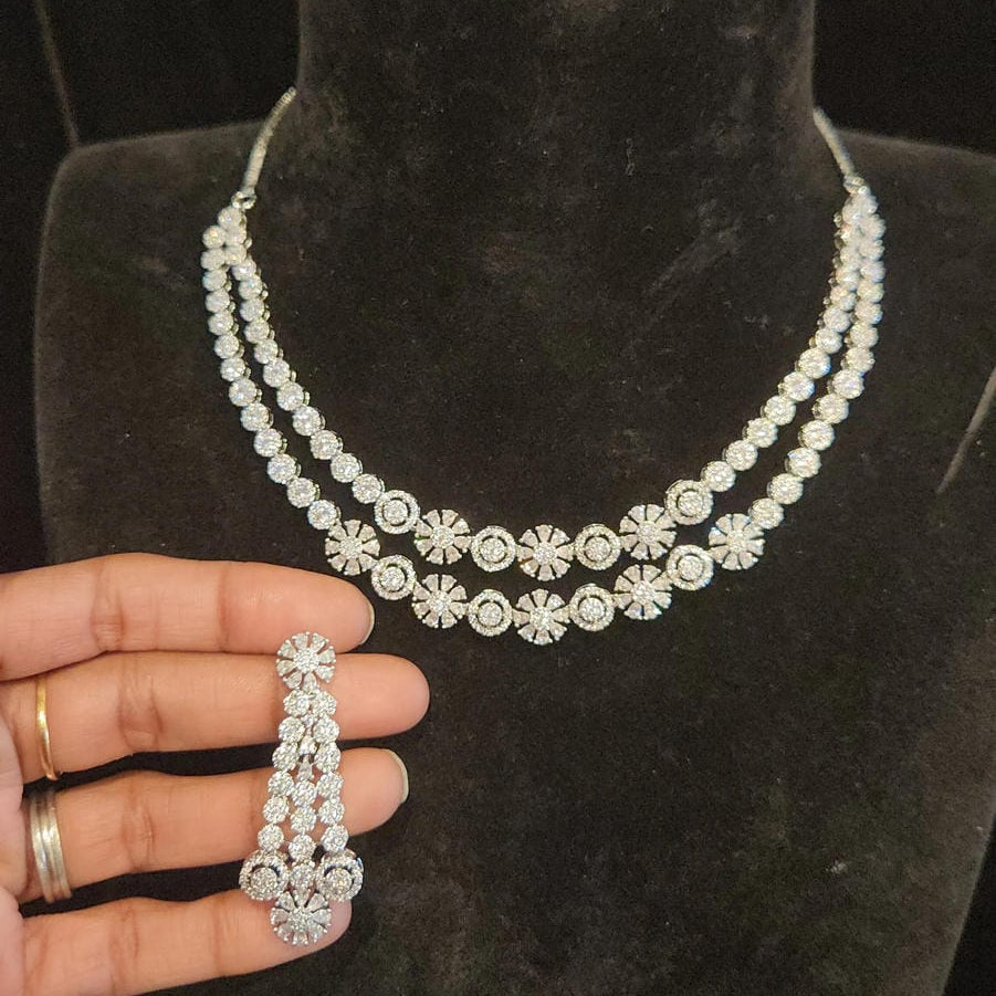 Sparkling Rhodium Finish Double Layer Necklace Set