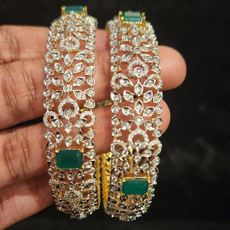 Brilliant Diamond Finish Floral Broad Emerald Bangles