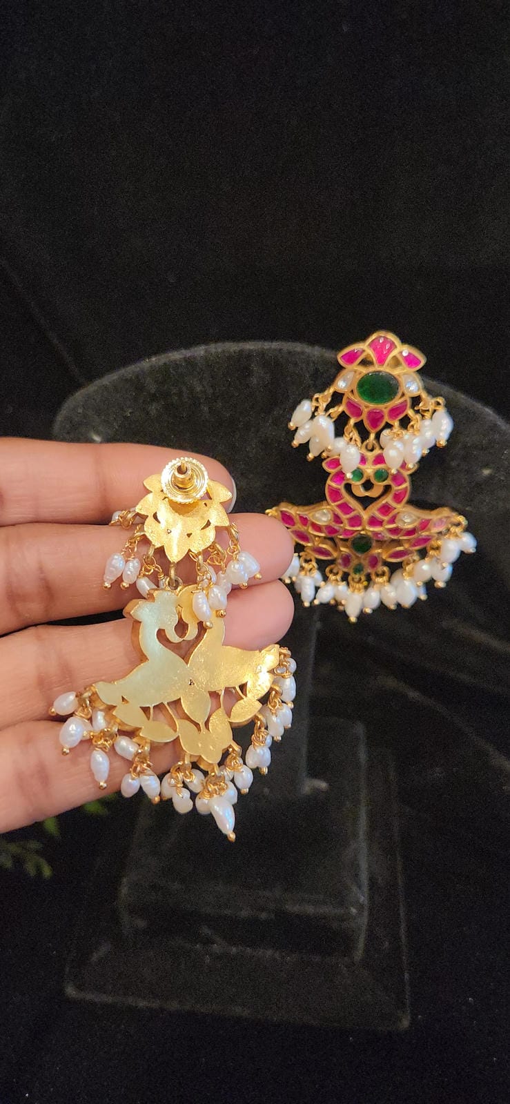 Traditional Kundan Peacock Chandbali Earrings | Real Pearls