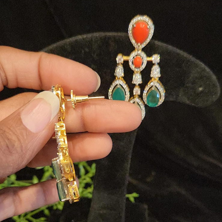 Vibrant Dangler Earrings with Coral & Emerald