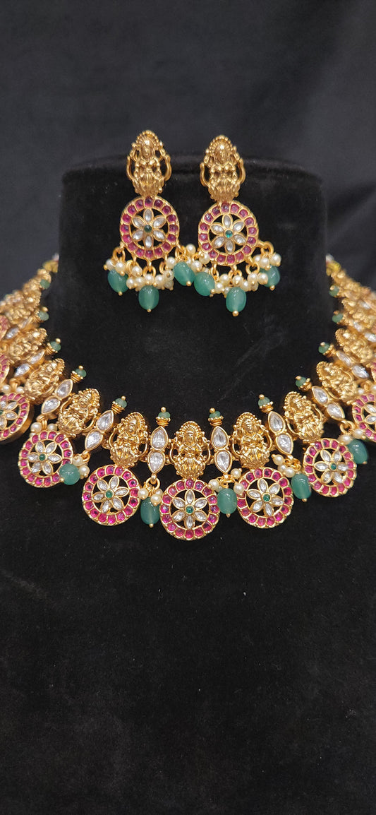 Lakshmi Pink Kundan Bottu Necklace with Matching Earrings