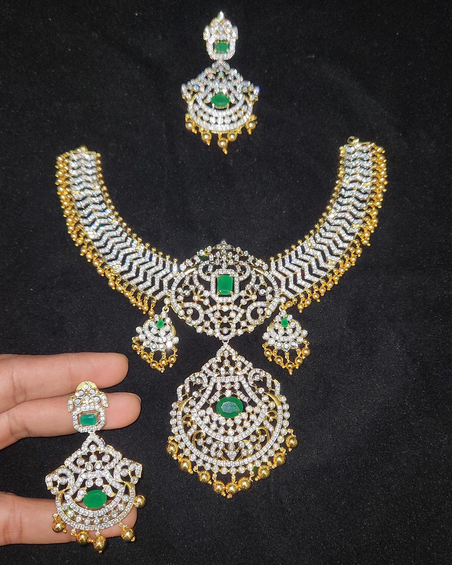 Luxurious Designer CZ Emerald Necklace Set