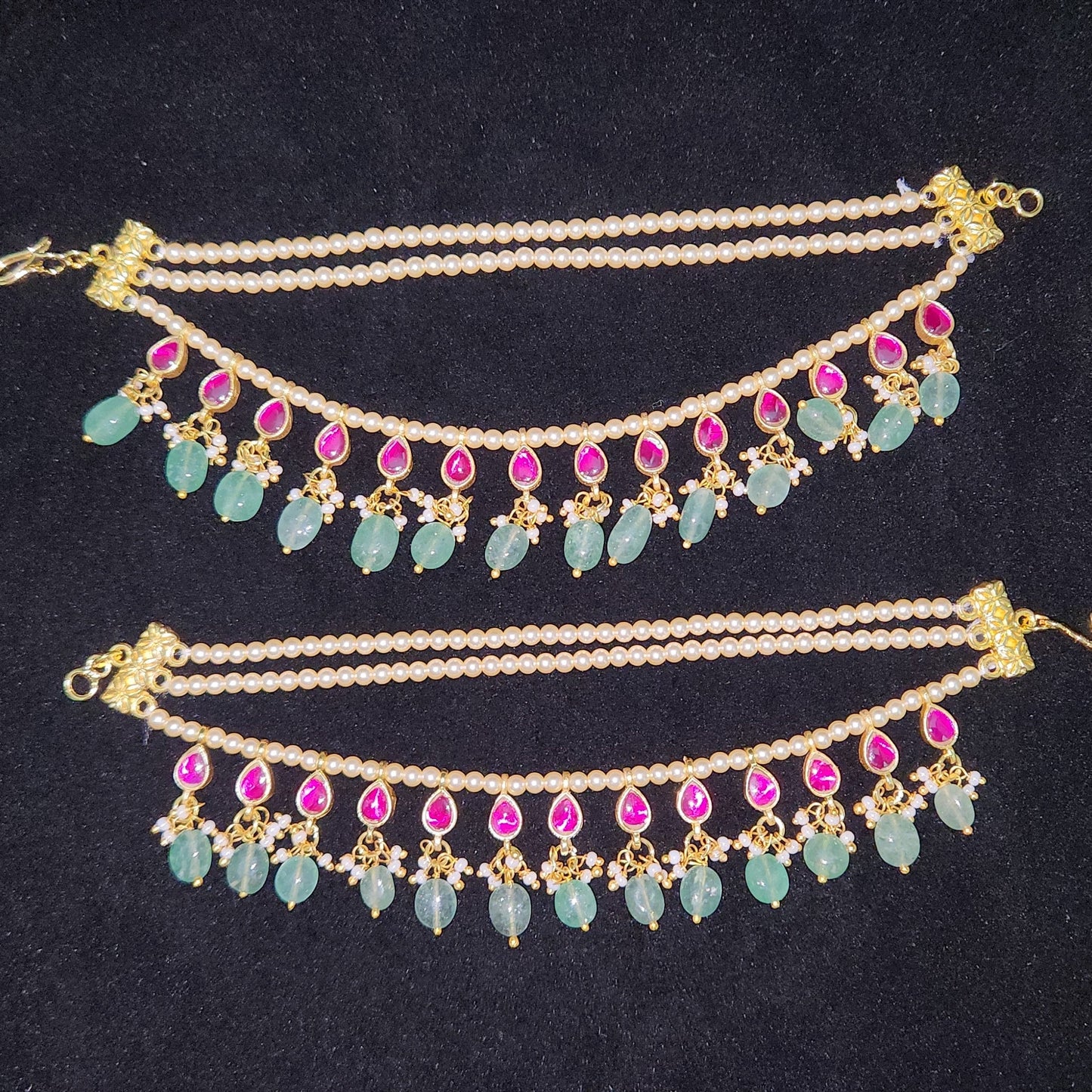 Charming Pink Kundan Strawberry Bead Ear Chains