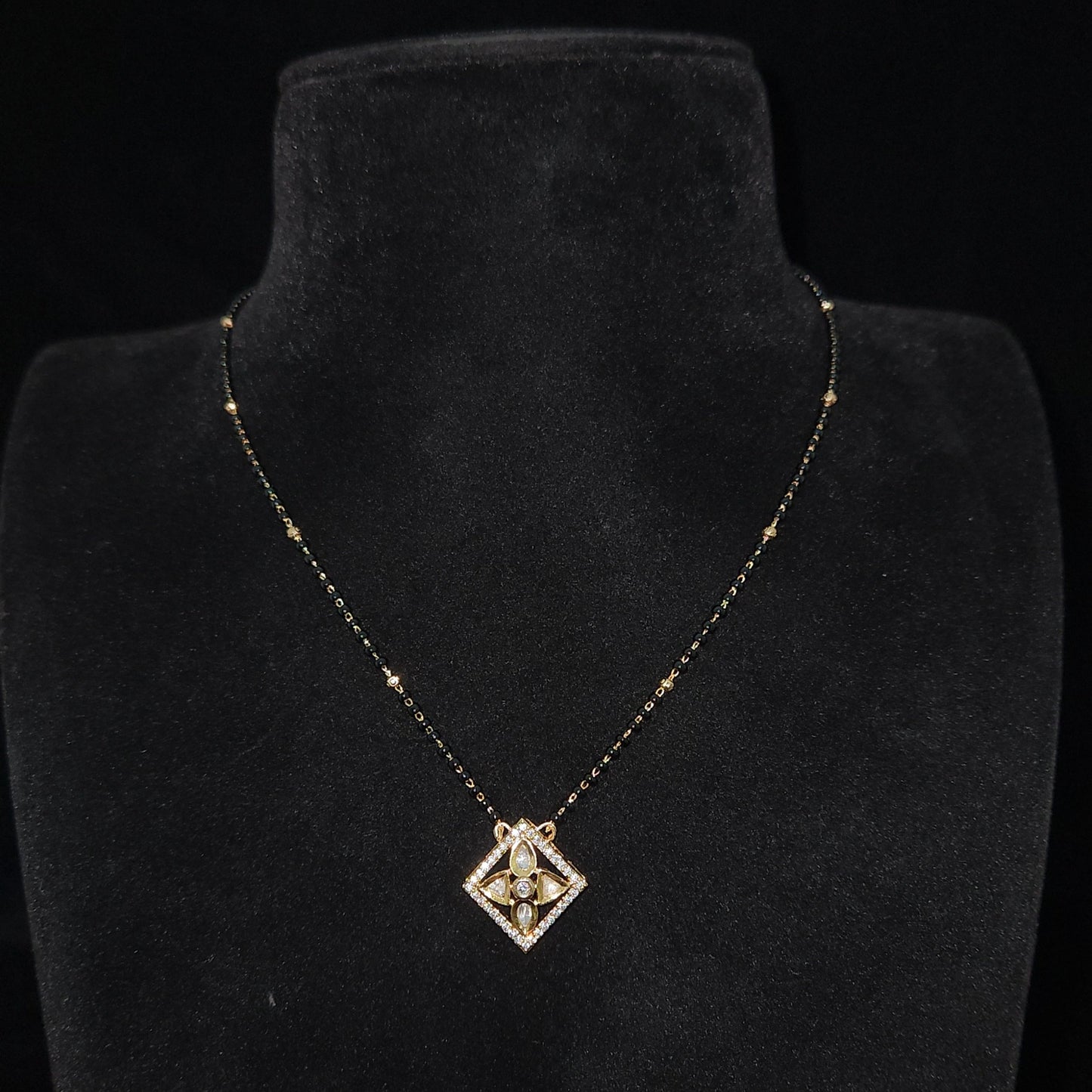 Sparkling Rhombus CZ Pendant Black Bead Chain