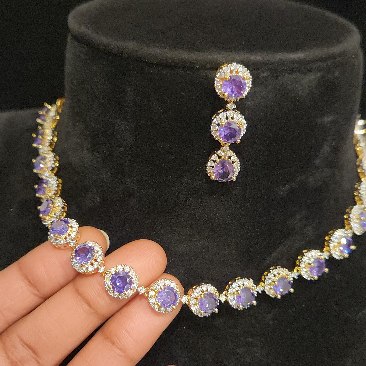 Brilliant Diamond Finish Purple Stone Necklace Set