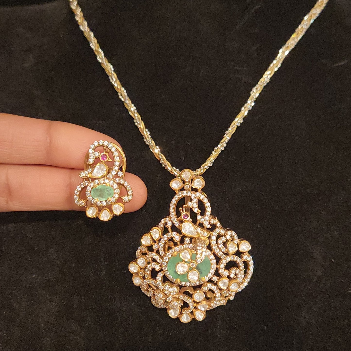 92.5 Silver Russian Emerald Bird Pendant Set