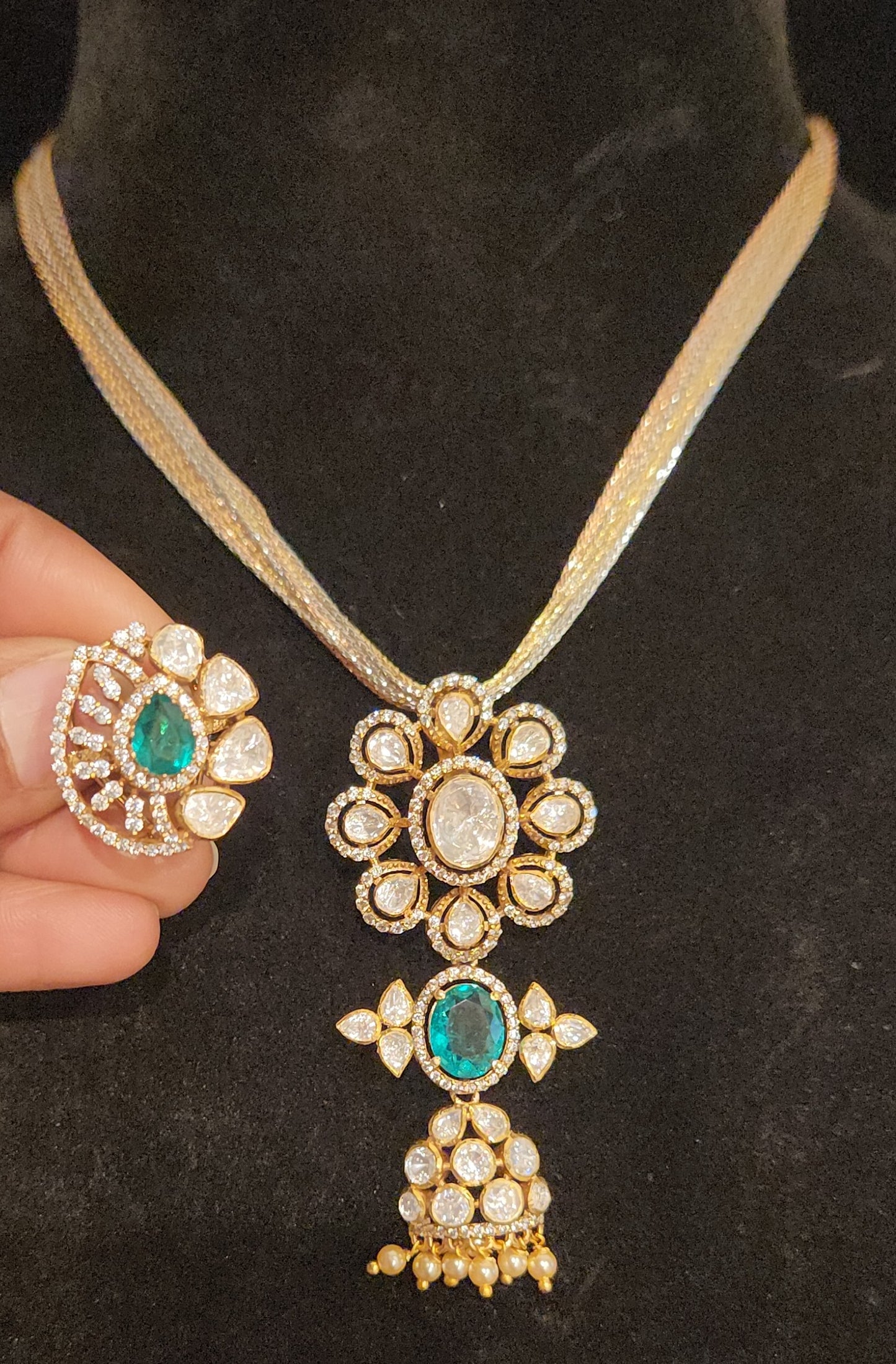 92.5 Silver Moissanite Floral Pendant with Emerald