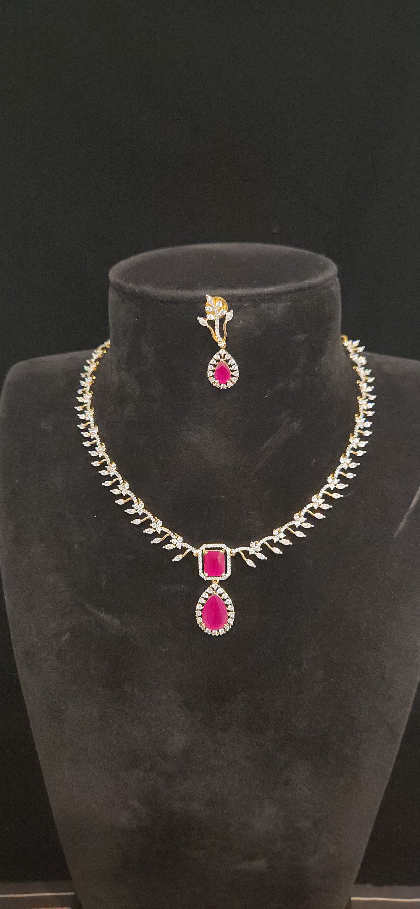 Floral Leaf Ruby Diamond Finish Necklace Set