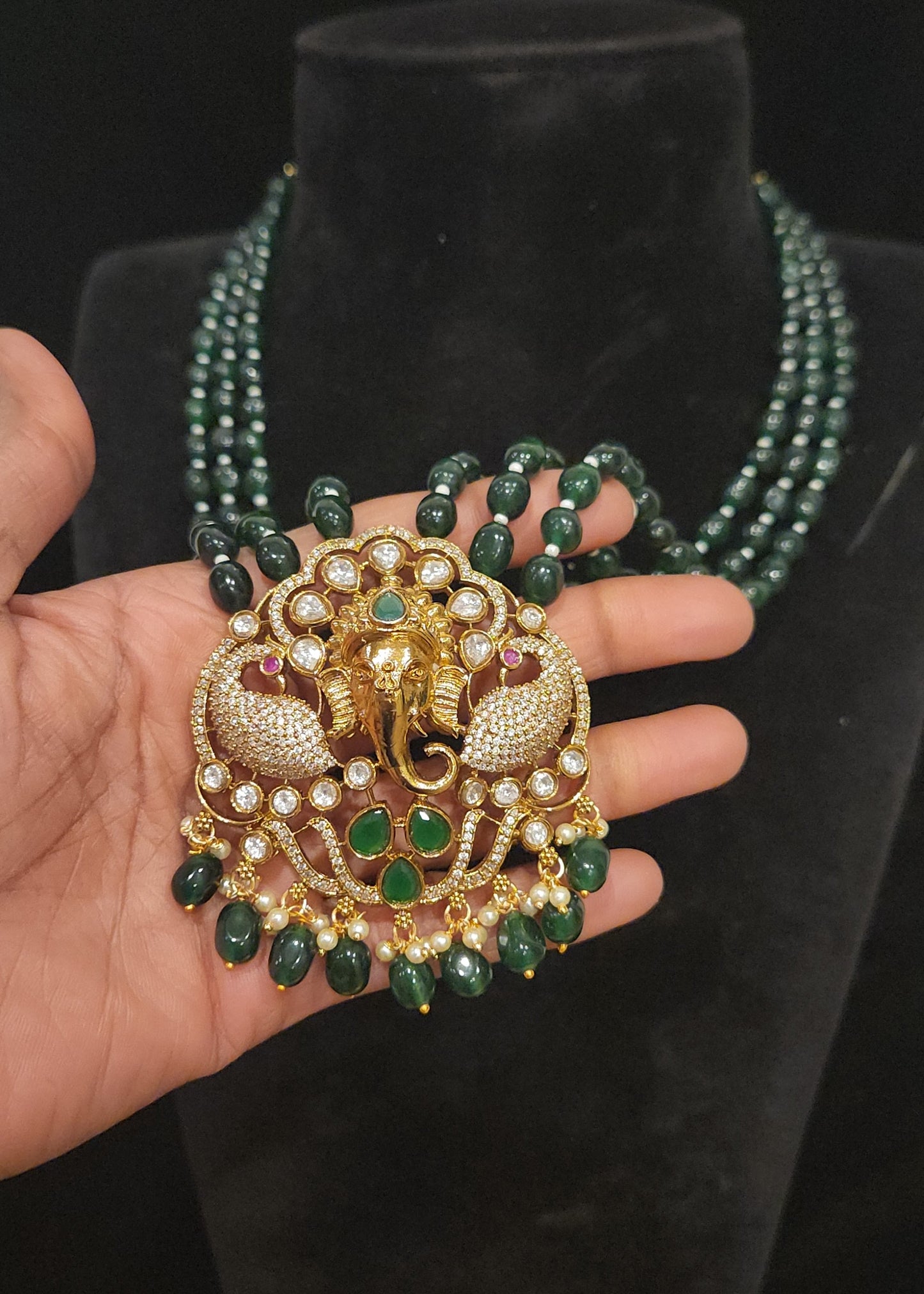 Designer Dark Green Triple Layer Peacock Mala