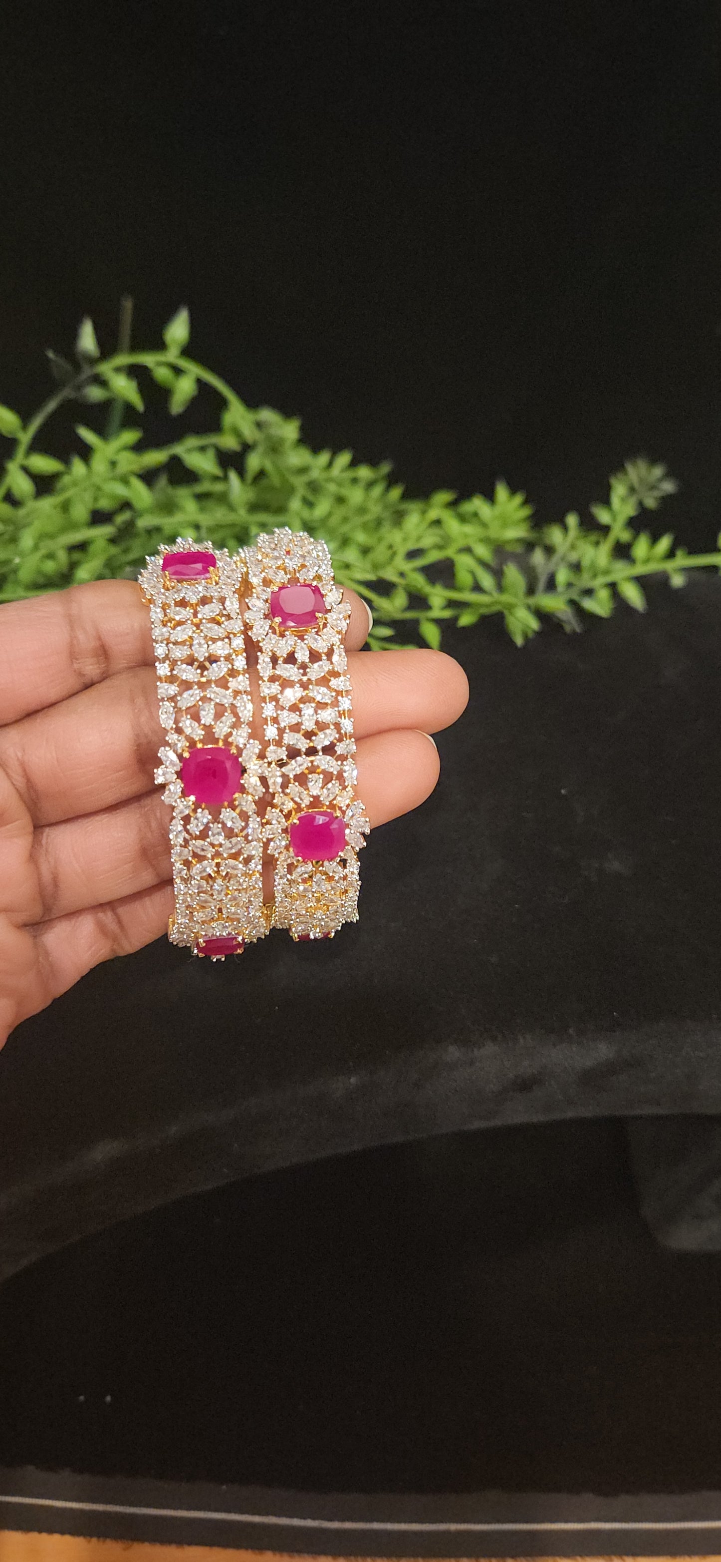 Designer Diamond-Pattern CZ & Emerald Bangles