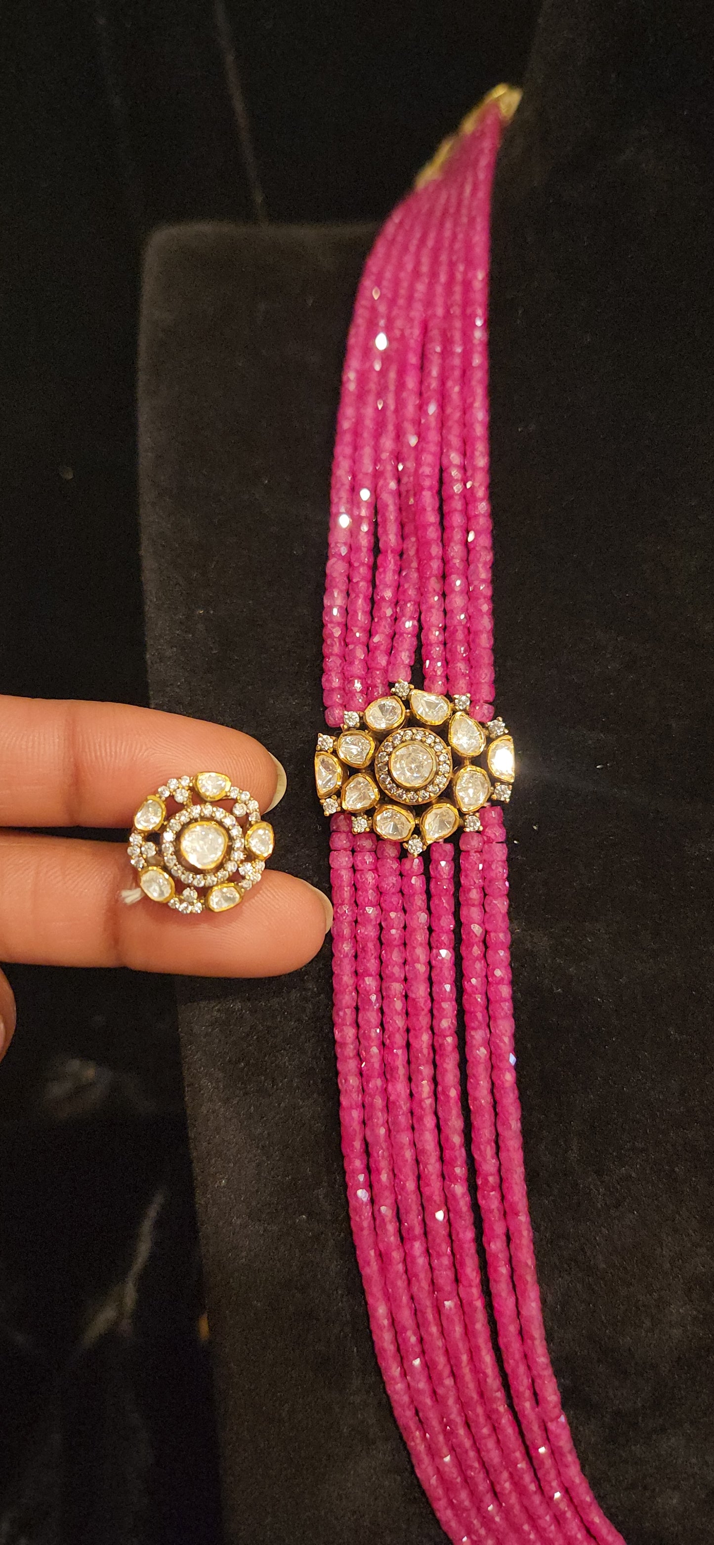 92.5 Silver Floral Moissanite Motif with 7 Layered Swarovski Pearls Mala
