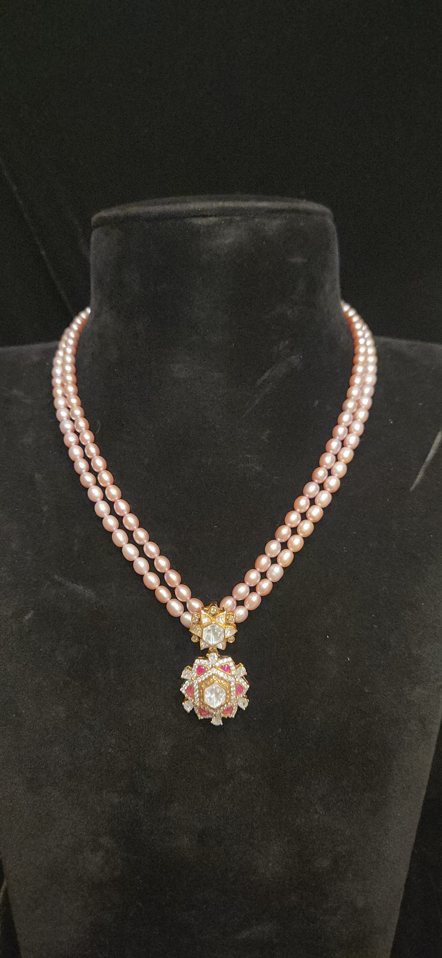92.5 Silver Star Kundan Pendant with Baby Pink pearls Mala