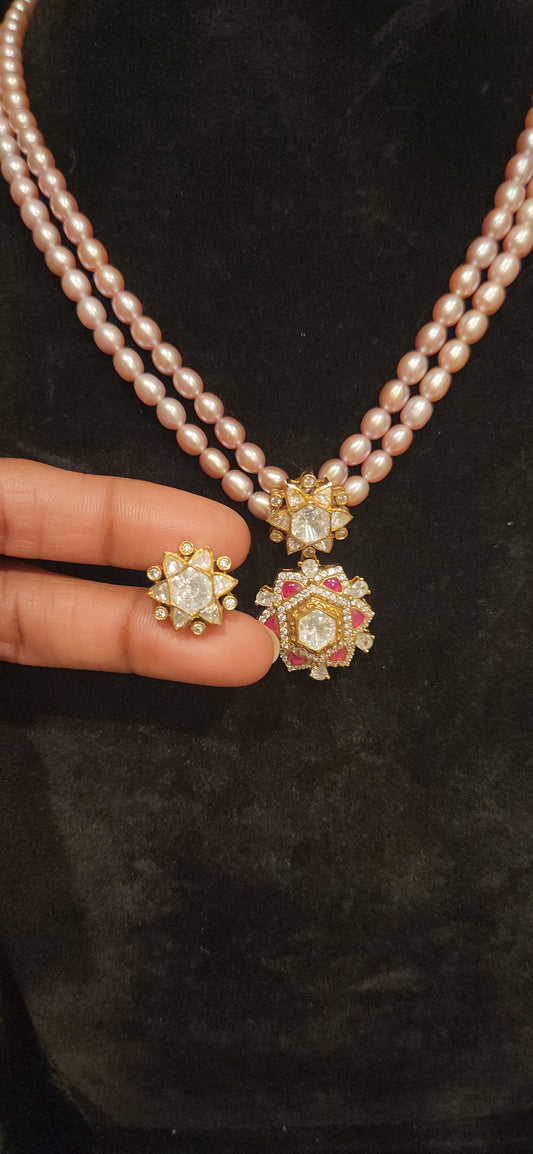 92.5 Silver Star Kundan Pendant with Baby Pink pearls Mala