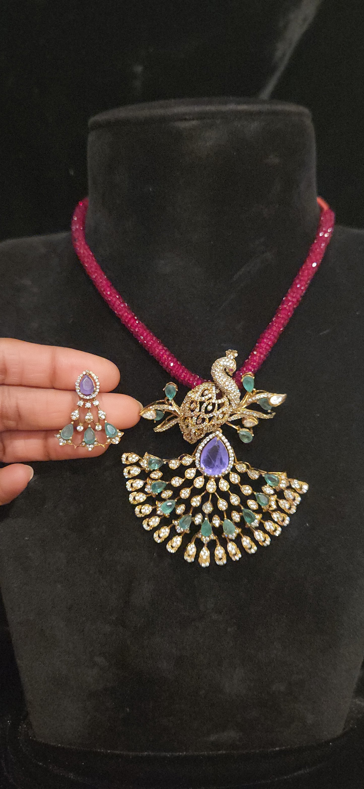 Regal 92.5 Silver Emerald Peacock Pendant Set