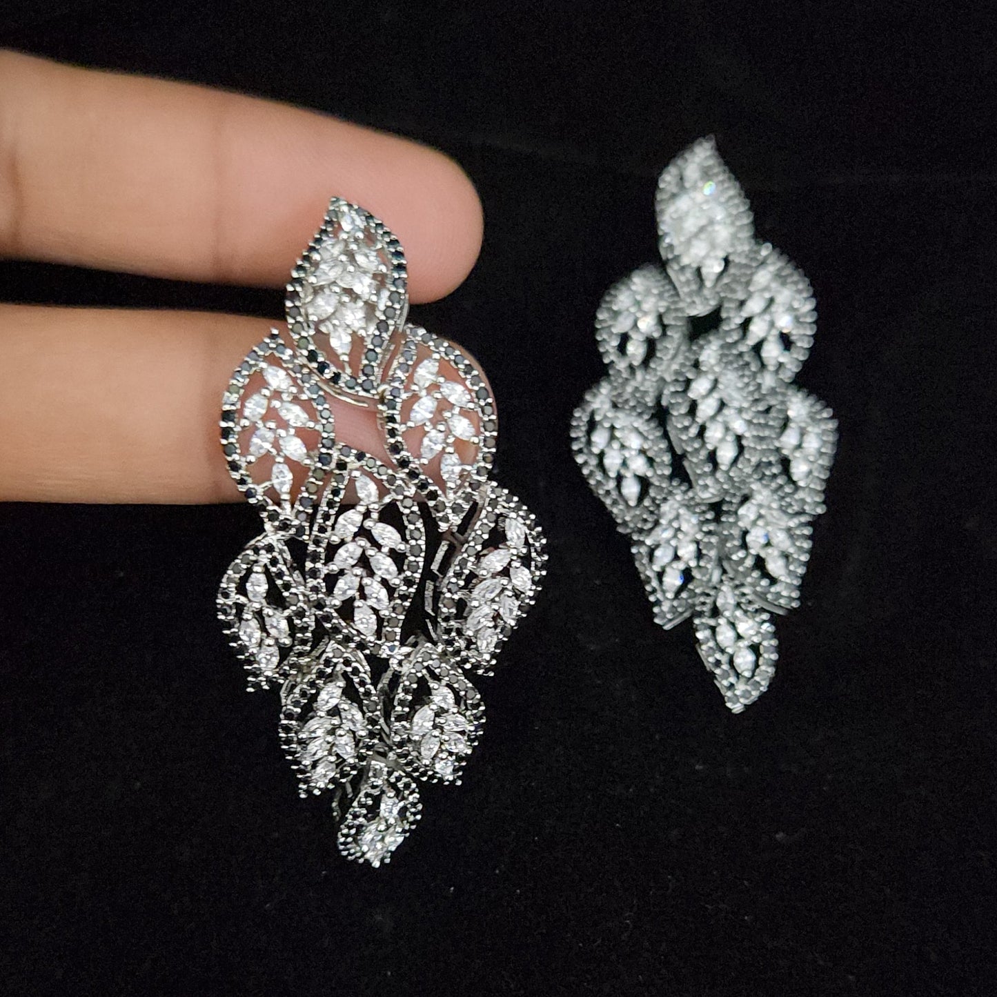 Elegant CZ and Black Stone Multiple Leaf Earrings