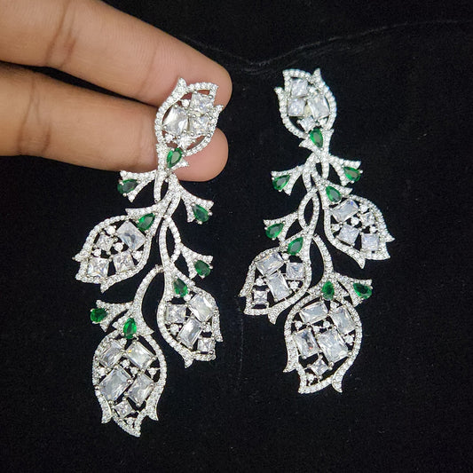 Elegant Floral Emerald and CZ Designer Earrings