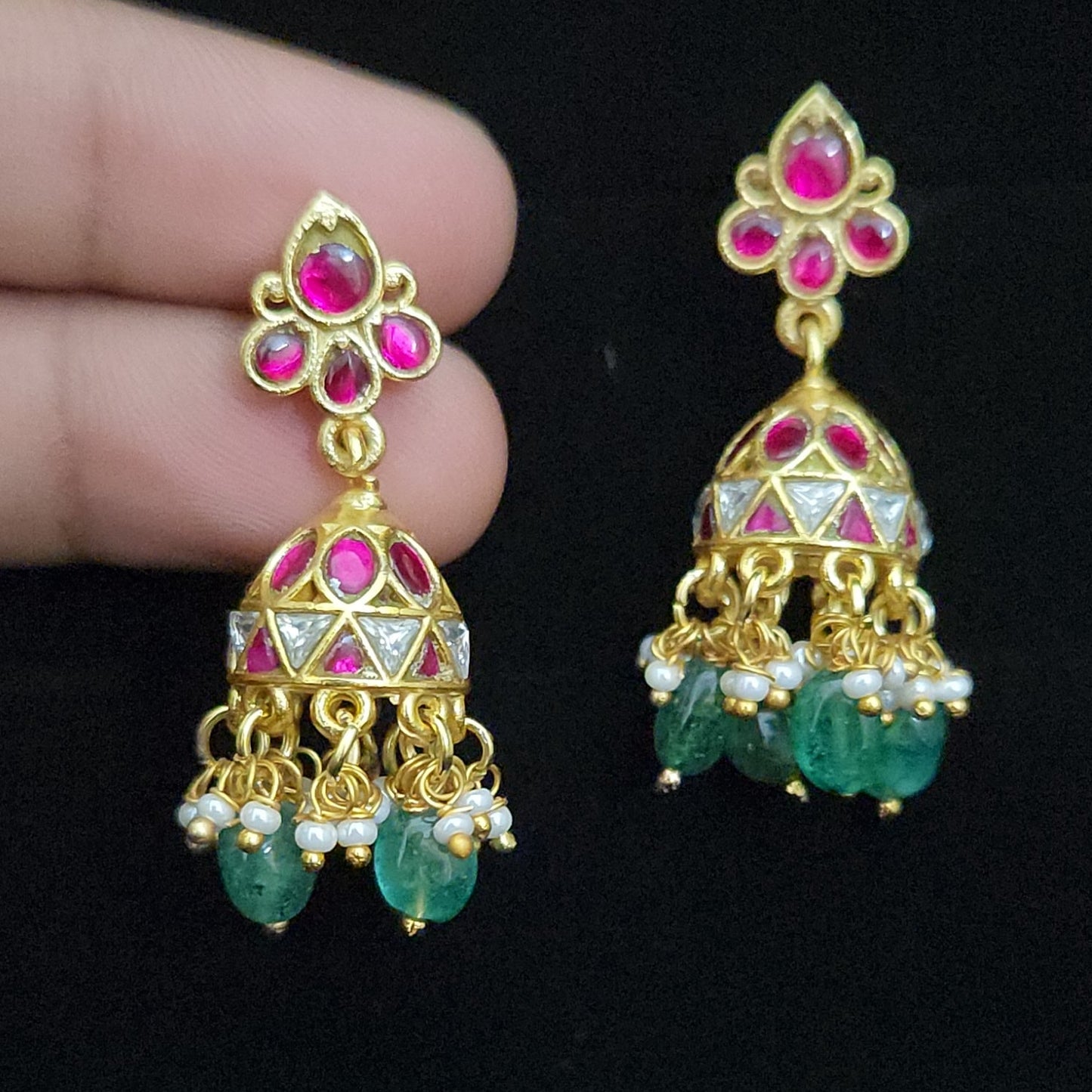 Exquisite Pink and White Kundan Jhumkas