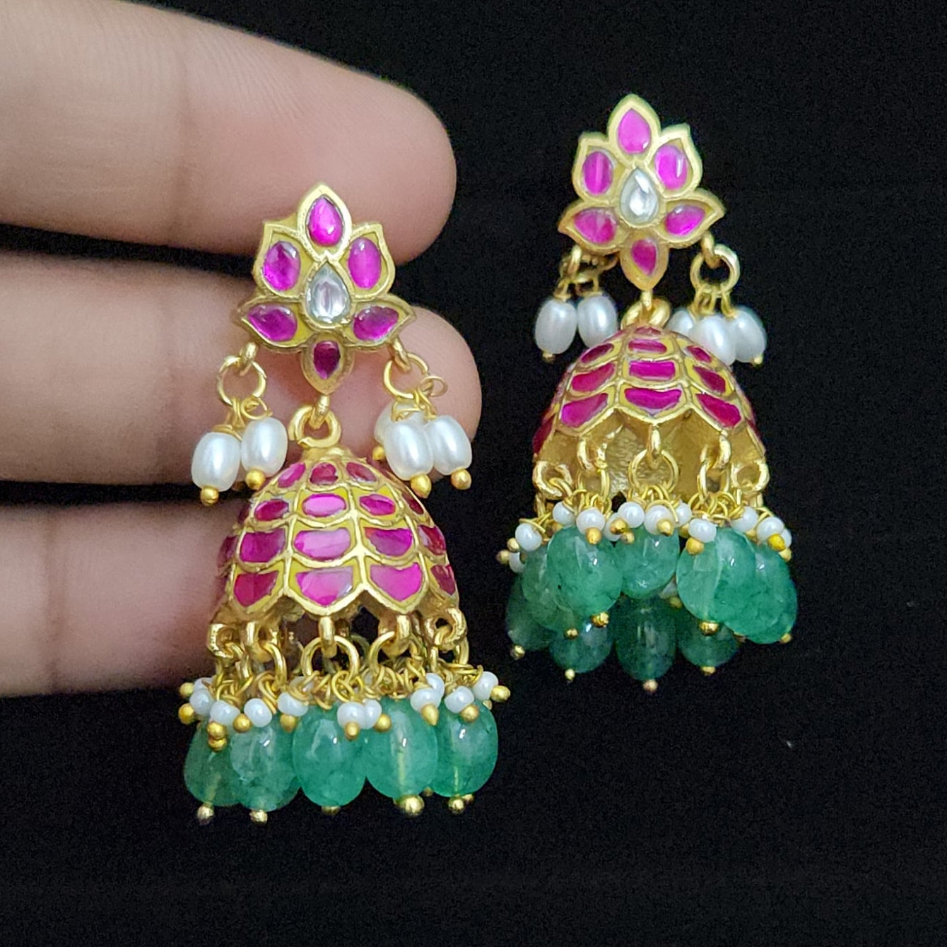 Floral Pink Kundan Jhumkas
