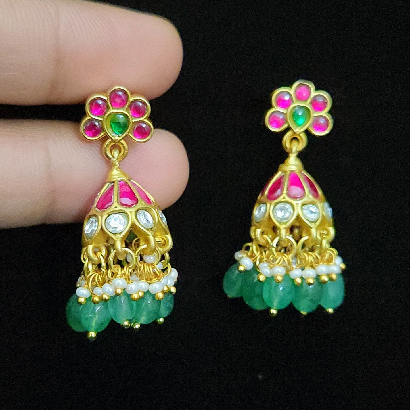 Floral Pink & Green Kundan Jhumkas