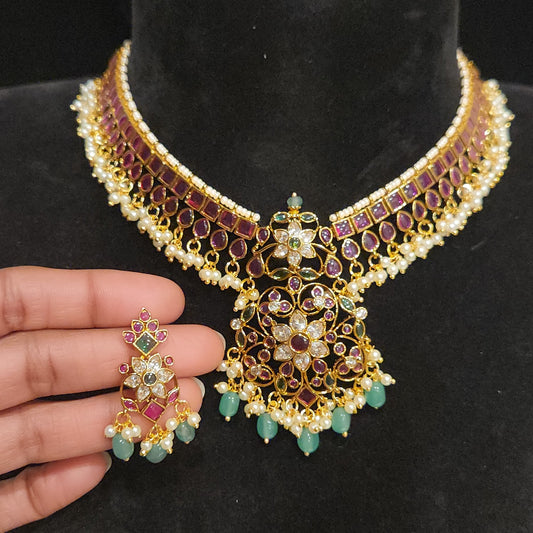 Pink Floral Pota Stone Necklace Set