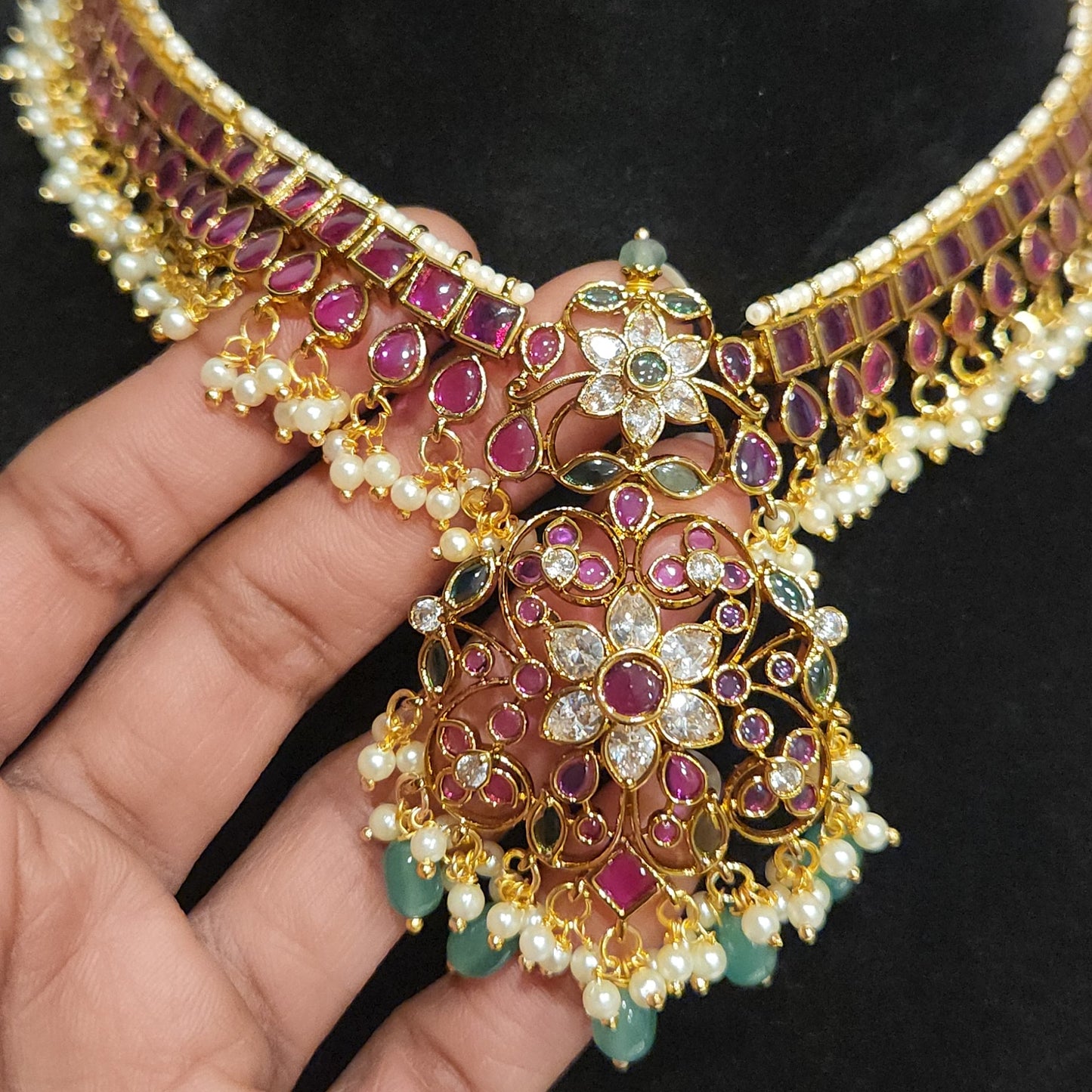 Pink Floral Pota Stone Necklace Set