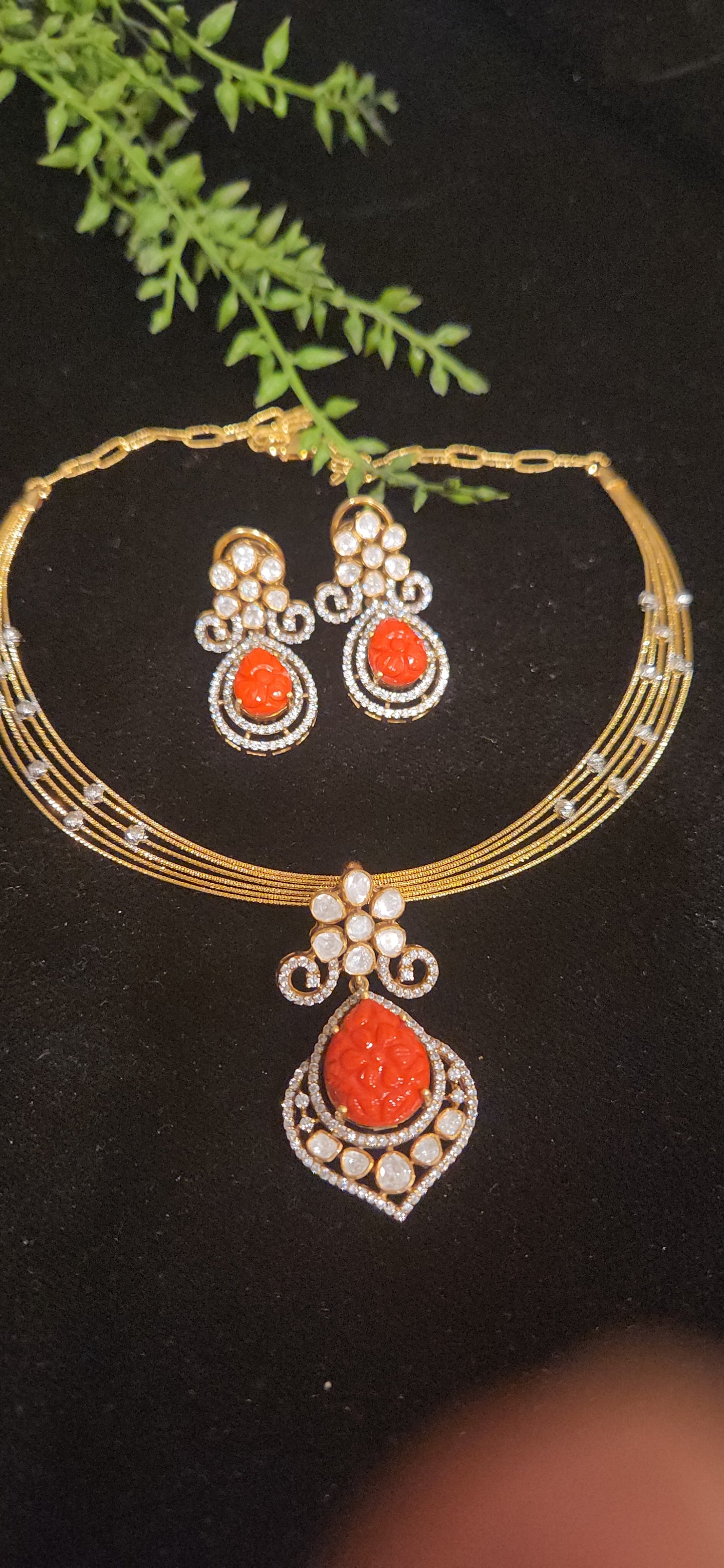 92.5 Silver Teardrop Floral Coral Pendant with Moissanite & CZ