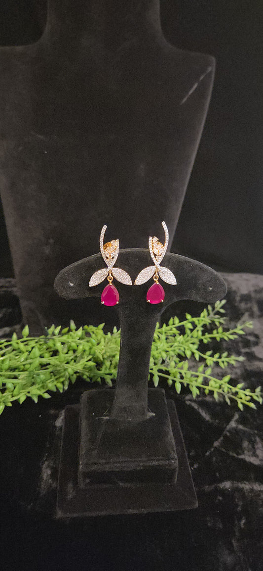 Elegant Emerald Drop and CZ Leaf Branch Earrings