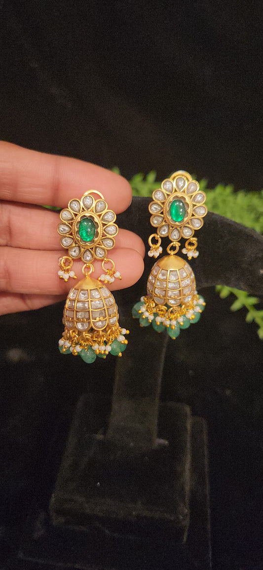 Elegant Green and White Kundan Jhumkas