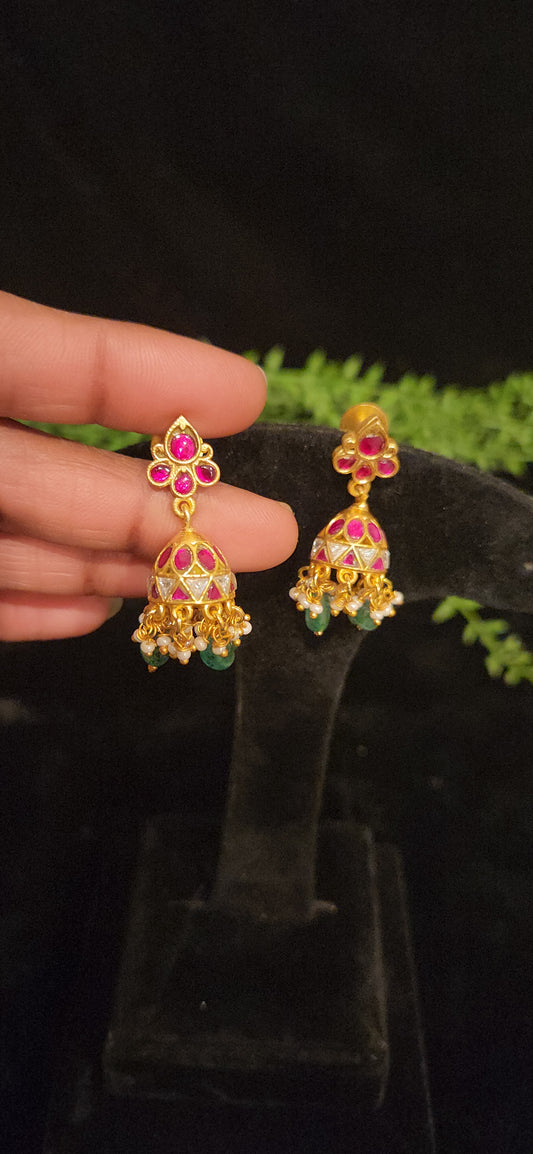 Exquisite Pink and White Kundan Jhumkas