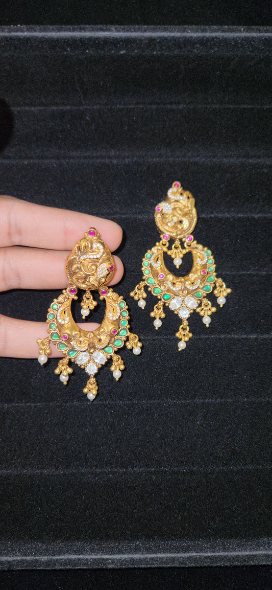 92.5 Silver Nakshi Peacock Green Kundan Chandbalis
